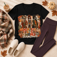 Pumpkin Patch Moms apparel with three skeleton moms, pumpkins and the phrase Fueled by Caffeine and Chaos, available in sizes S–3XL.