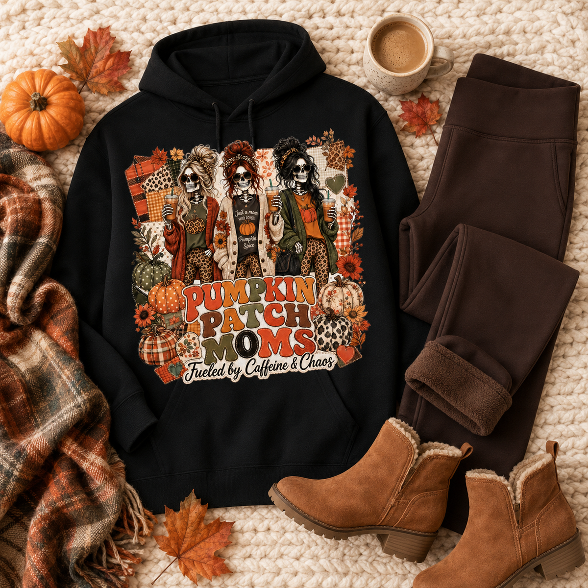 Black Pumpkin Patch Moms hoodie styled with brown fleece leggings, tan ankle boots, a plaid scarf, coffee, pumpkins, and autumn leaves.