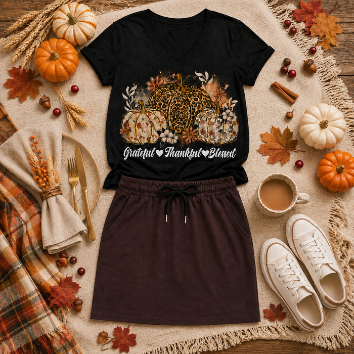 Black V-neck T-shirt featuring leopard and floral pumpkins with white Grateful Thankful Blessed lettering, styled with a brown jogger skirt in a fall flat lay.