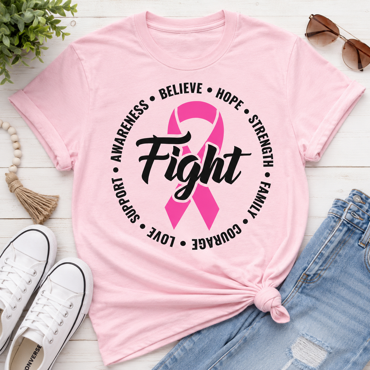 Julia Rose Breast Cancer Awareness Fight apparel with a pink ribbon, available in pink or white crewneck, V-neck, long-sleeve shirt, and hoodie.