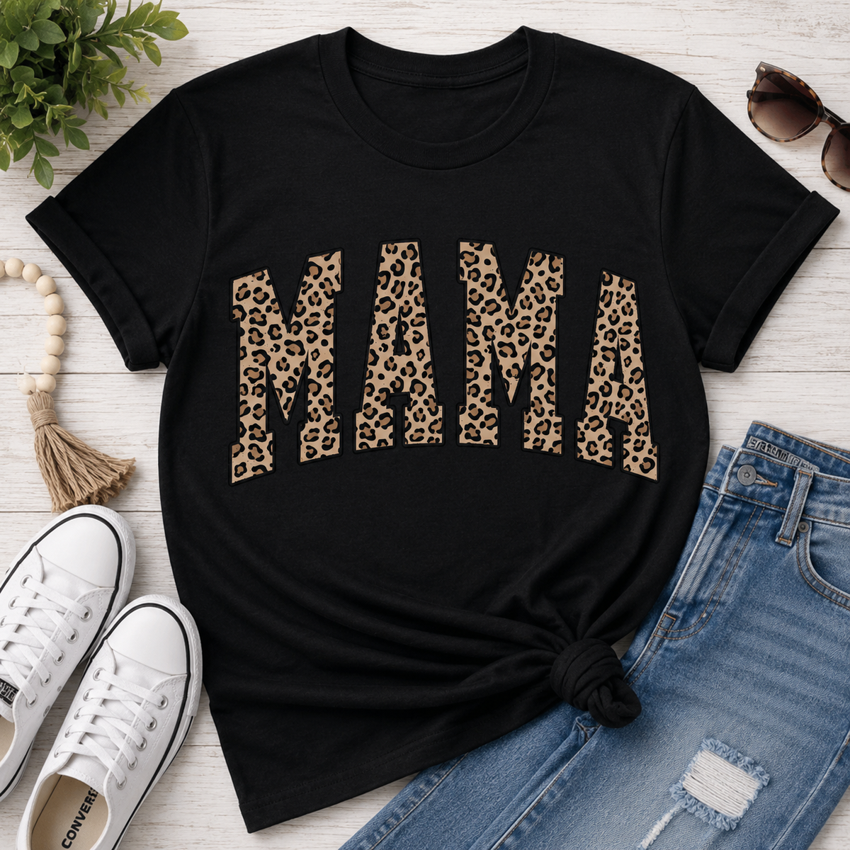 Julia Rose Mama Leopard apparel featuring a leopard-print MAMA graphic, available as a crewneck, V-neck, long-sleeve T-shirt and hoodie.