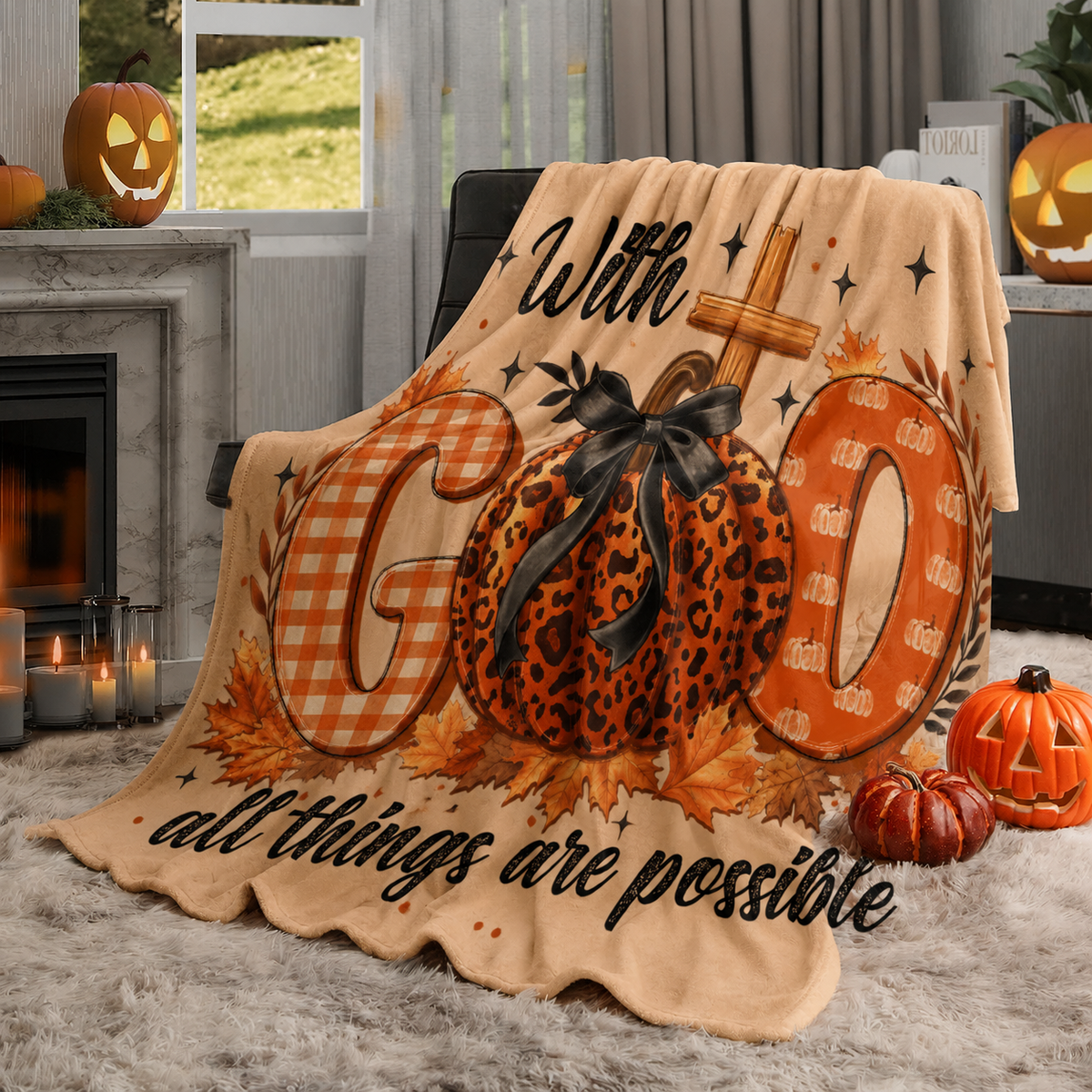 Fall blanket featuring “With God All Things Are Possible,” a wooden cross, autumn leaves, and orange “GOD” lettering with a leopard-print pumpkin and black bow.