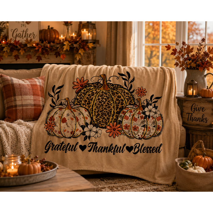 Tan fall blanket featuring leopard-print and floral pumpkins with orange flowers, black leaves, and the words “Grateful, Thankful, Blessed.”
