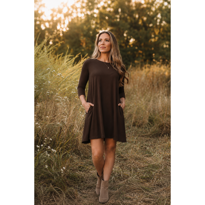Ivy - Brown Swing Dress with 3/4 Sleeves
