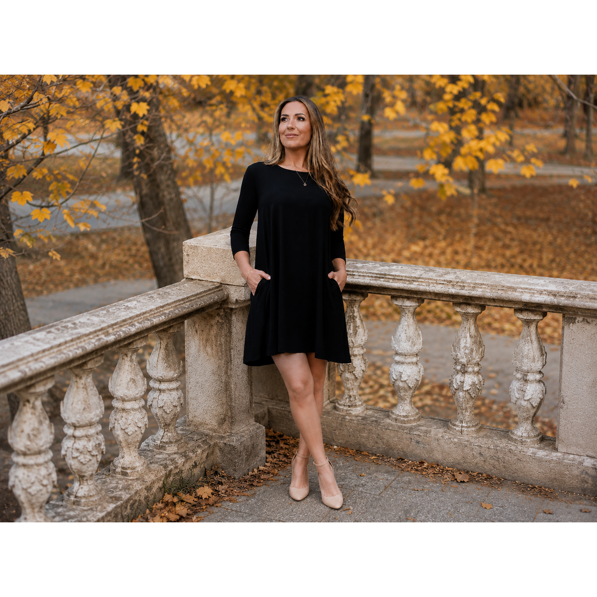 Olivia - Black Swing Dress with 3/4 Sleeves