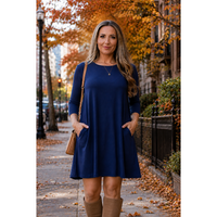Alyssa - Navy Swing Dress with 3/4 Sleeves