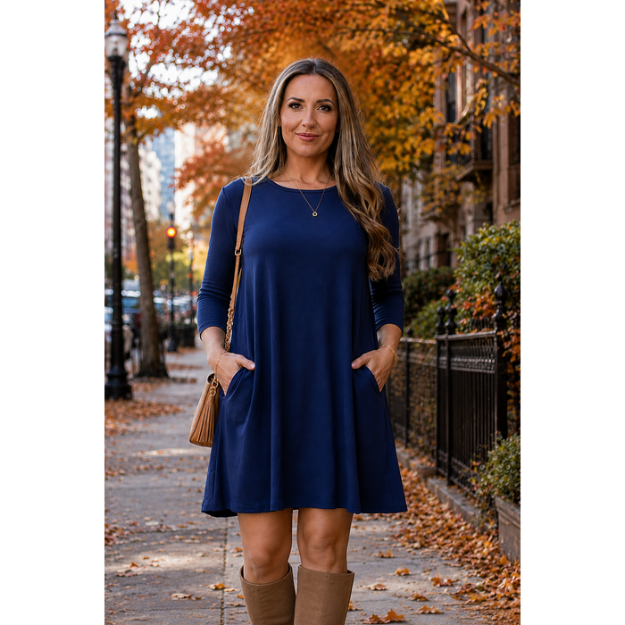 Alyssa - Navy Swing Dress with 3/4 Sleeves