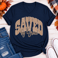 Saved by Grace faith graphic apparel with polka dot lettering, available in brown, navy and black V-neck, long sleeve, crewneck and hoodie styles.