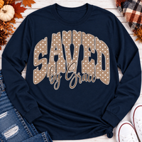 Saved by Grace faith graphic apparel with polka dot lettering, available in brown, navy and black V-neck, long sleeve, crewneck and hoodie styles.