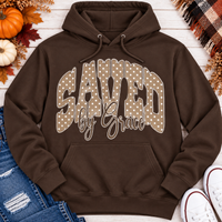 Saved by Grace faith graphic apparel with polka dot lettering, available in brown, navy and black V-neck, long sleeve, crewneck and hoodie styles.