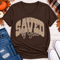 Saved by Grace faith graphic apparel with polka dot lettering, available in brown, navy and black V-neck, long sleeve, crewneck and hoodie styles.