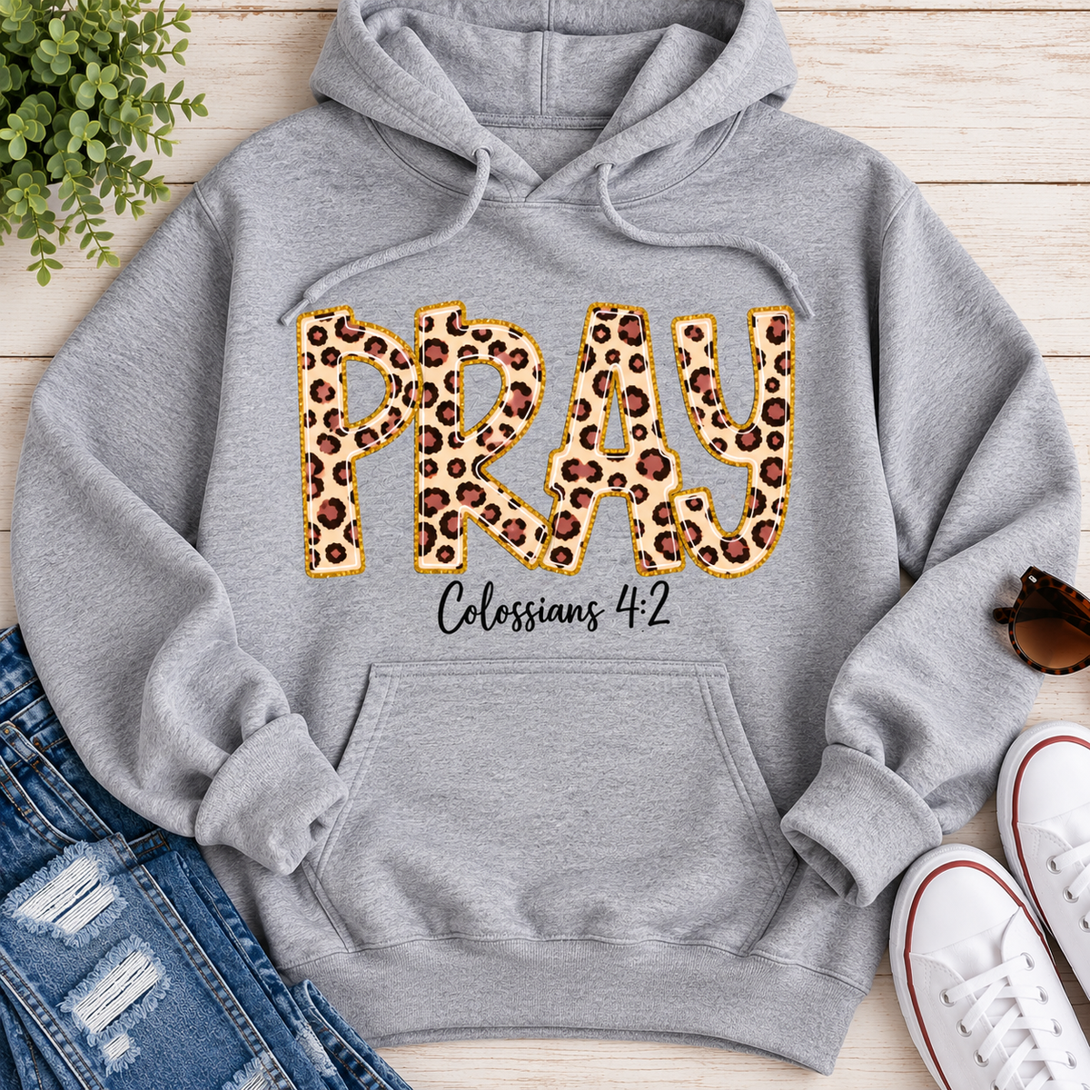 PRAY Colossians 4:2 leopard print Christian graphic shirt available in short sleeve crewneck, V-neck, long sleeve and hoodie styles.