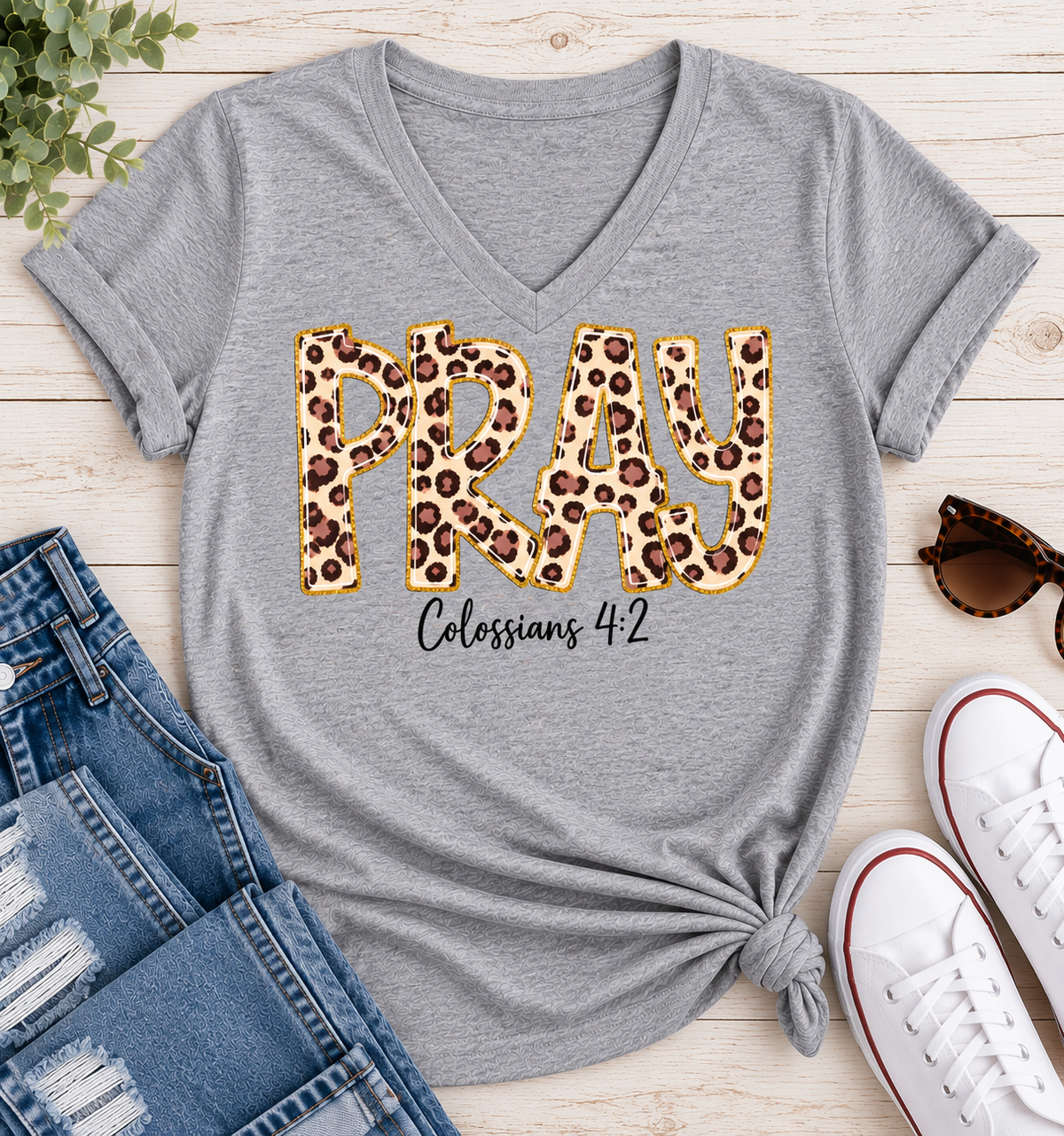 PRAY Colossians 4:2 leopard print Christian graphic shirt available in short sleeve crewneck, V-neck, long sleeve and hoodie styles.