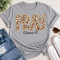 PRAY Colossians 4:2 leopard print Christian graphic shirt available in short sleeve crewneck, V-neck, long sleeve and hoodie styles.