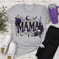 Gray Gothic Mama crewneck graphic tee with purple roses, skull, crescent moon, bats and candles