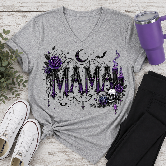 Gray Gothic Mama V-neck graphic tee with purple roses, skull, crescent moon, bats and candles