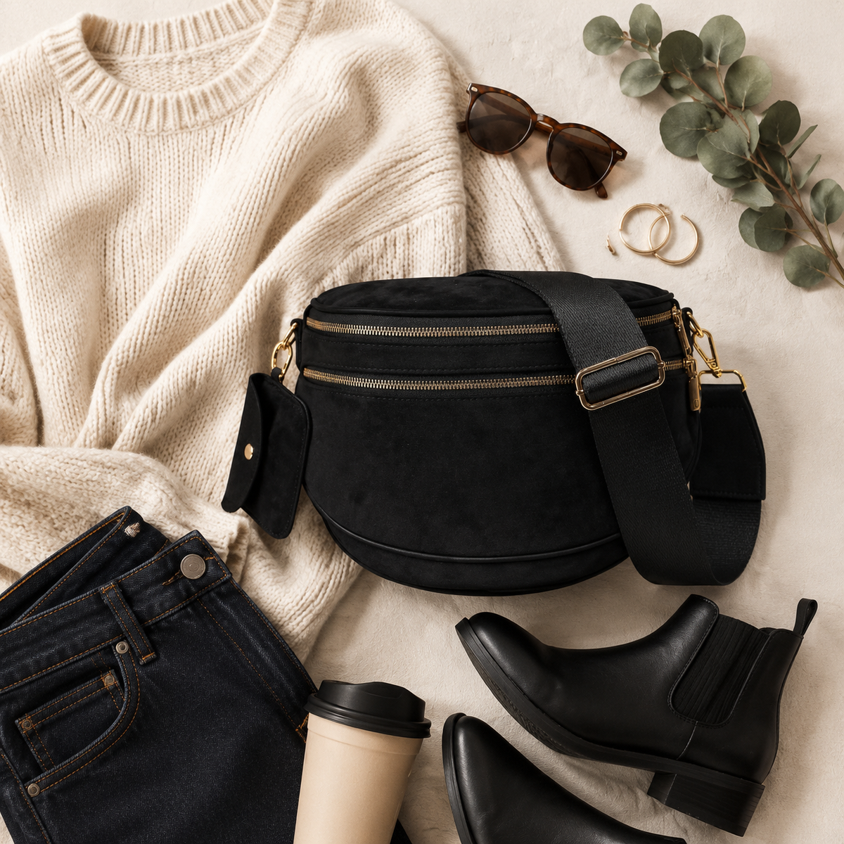 Julia Rose women’s sling bag collection featuring black, camel and woven denim crossbody bags with adjustable wide straps and zippered compartments.