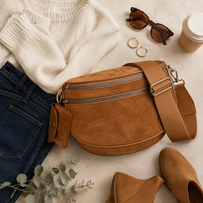 Julia Rose women’s sling bag collection featuring black, camel and woven denim crossbody bags with adjustable wide straps and zippered compartments.