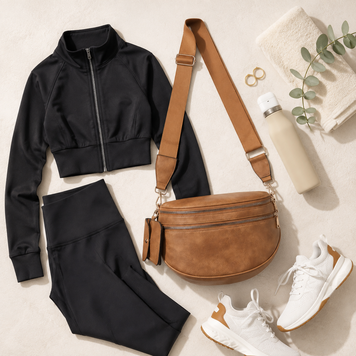 Julia Rose women’s sling bag collection featuring black, camel and woven denim crossbody bags with adjustable wide straps and zippered compartments.