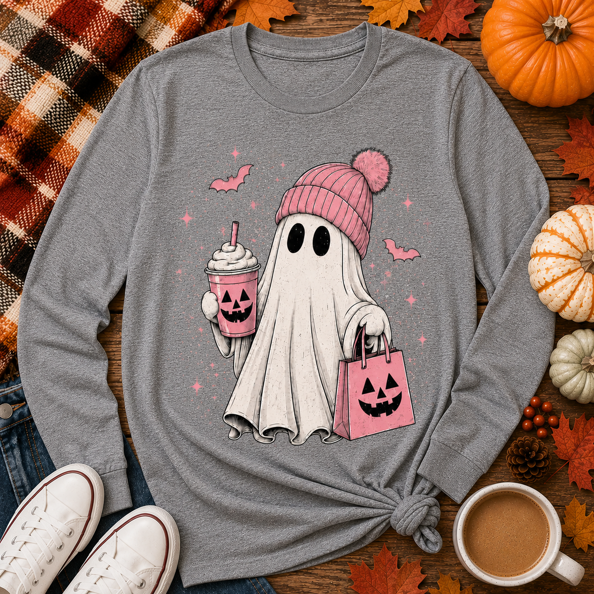 Julia Rose Pink Ghost Halloween apparel available as a crewneck T-shirt, V-neck T-shirt, long-sleeve shirt and hoodie in sizes S–3XL.