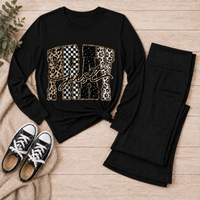 Julia Rose JUST PRAY apparel featuring leopard print, checkerboard and dotted lettering with gold-toned details.