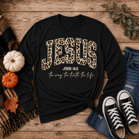 Julia Rose Jesus John 14:6 apparel featuring leopard-print JESUS lettering and the phrase The Way, The Truth, The Life.