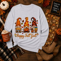 Happy Fall Y’all three autumn gnomes with pumpkins, pie, coffee, colorful leaves and pinecones.