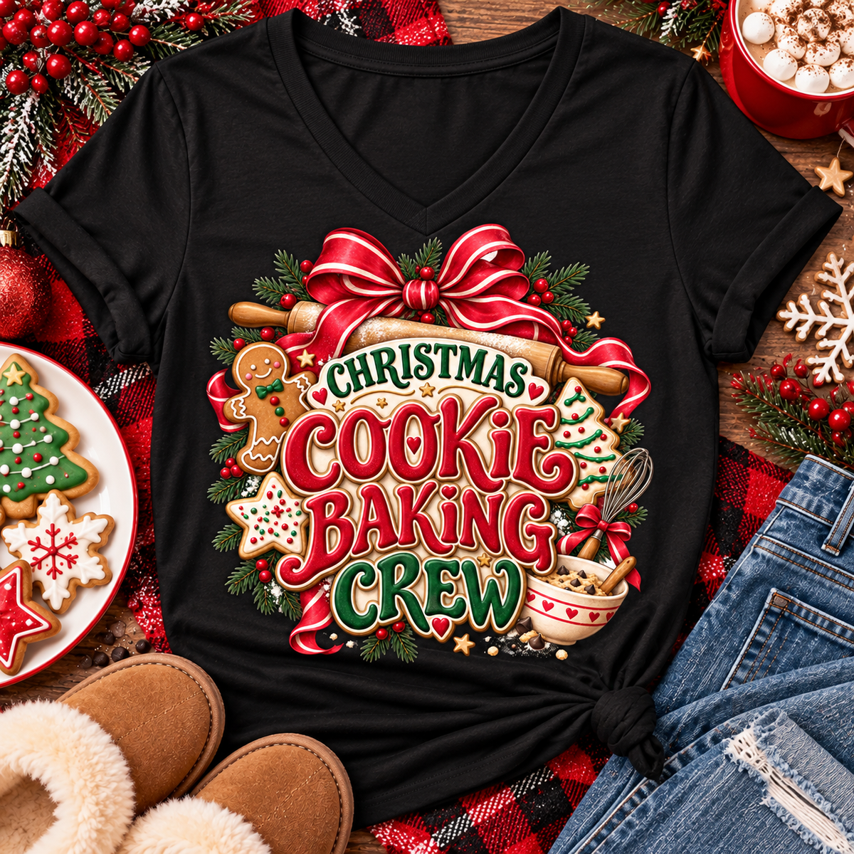 A black V-neck t-shirt with a festive 'Christmas Cookie Baking Crew' graphic, styled in a holiday flat-lay with jeans, slippers, cookies, and red plaid fabric.