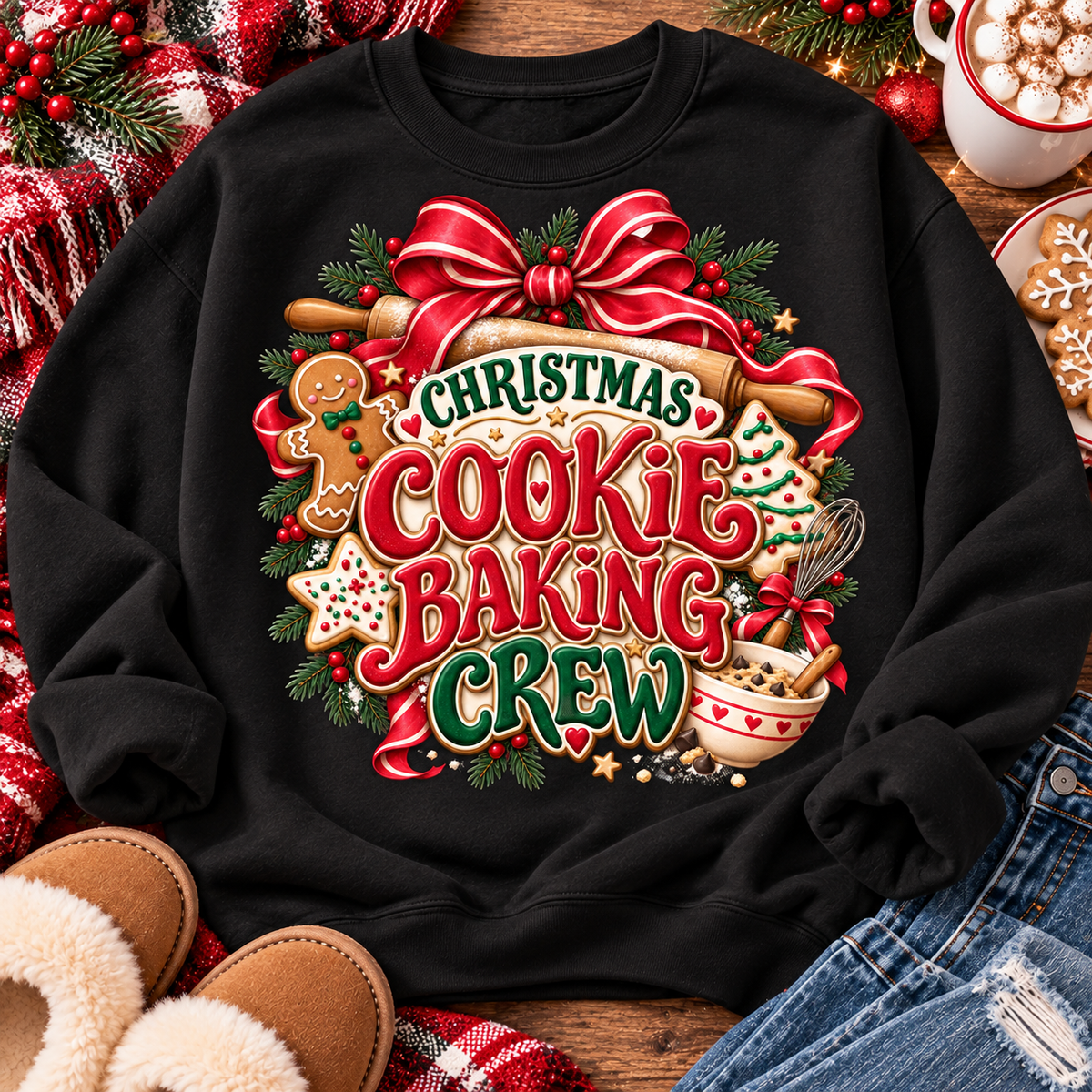 A black crewneck sweatshirt laid flat on a rustic wooden surface, featuring a large festive graphic that reads 'Christmas Cookie Baking Crew' in red, green, and gold lettering, surrounded by holiday illustrations like a gingerbread man, cookie, ribbon, and mixing bowl. The sweatshirt is styled with red plaid fabric, brown slippers, denim, and a mug of hot chocolate.
