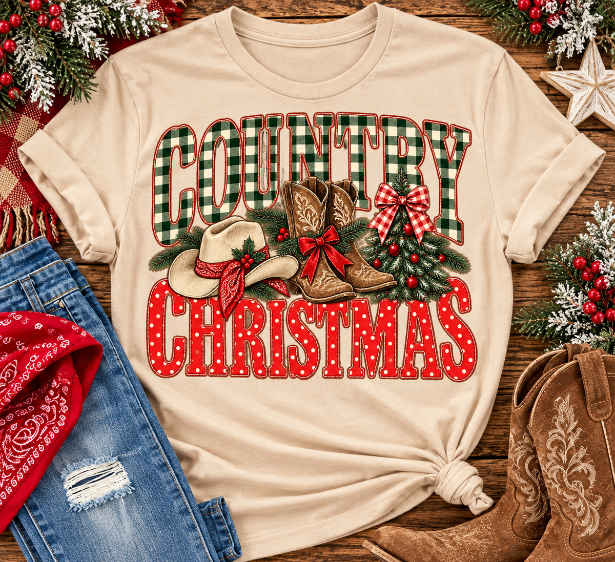 Country Christmas graphic tee with green plaid lettering, red polka dots, cowboy boots, western hat and festive Christmas bows.