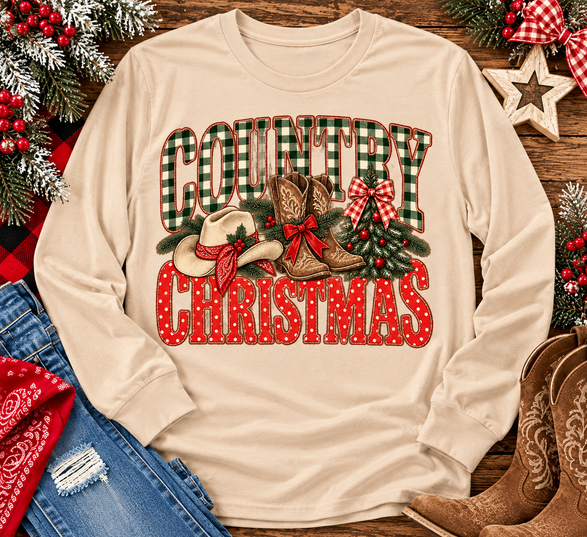 Country Christmas graphic tee with green plaid lettering, red polka dots, cowboy boots, western hat and festive Christmas bows.