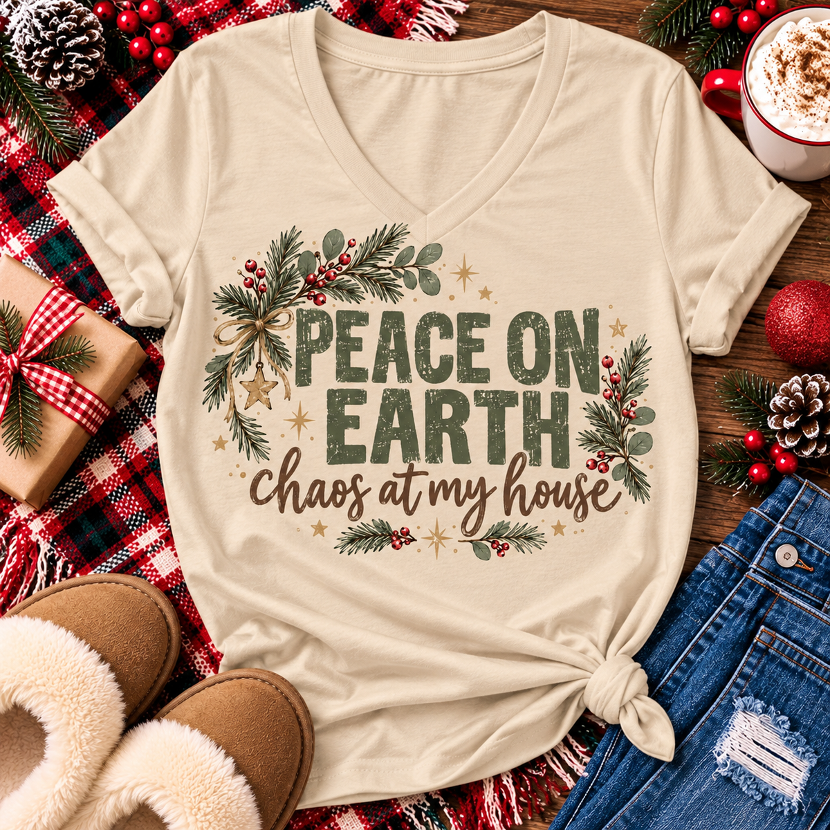 Peace on Earth Chaos at My House funny Christmas graphic apparel featuring distressed olive green lettering, rustic pine greenery, red berries and gold stars, available in sand and sport grey in short sleeve crewneck tees, V-neck tees, sweatshirts and hoodies.