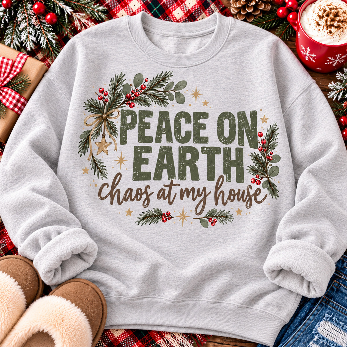 Peace on Earth Chaos at My House funny Christmas graphic apparel featuring distressed olive green lettering, rustic pine greenery, red berries and gold stars, available in sand and sport grey in short sleeve crewneck tees, V-neck tees, sweatshirts and hoodies.