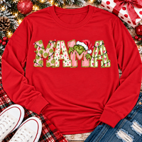 Christmas MAMA graphic shirt featuring pink and green patterned lettering, colorful holiday lights, and a Grinch-inspired character wearing a Santa hat.