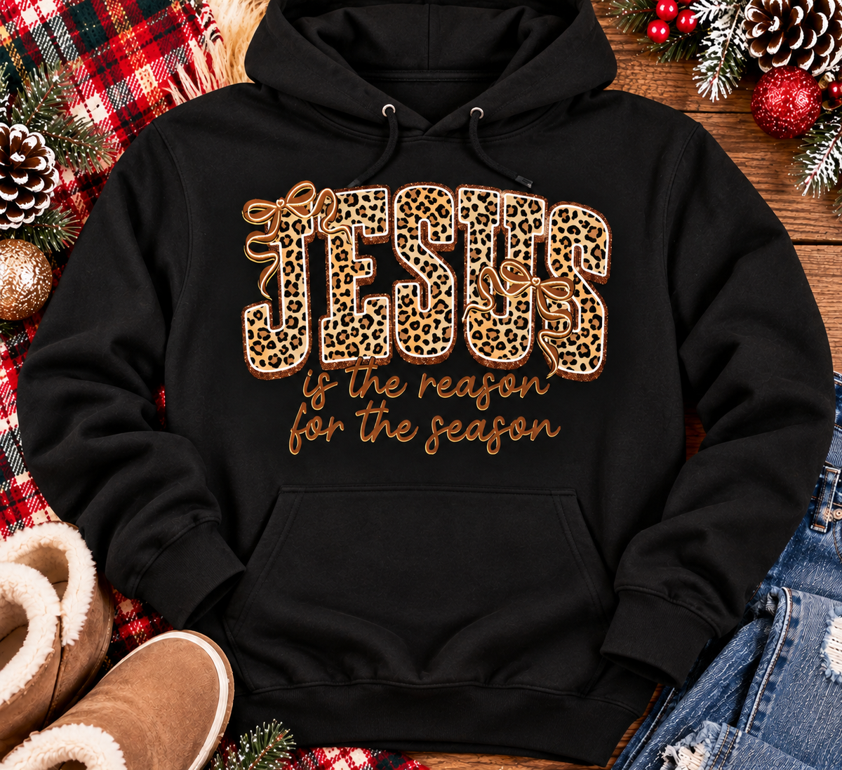 Jesus Is the Reason for the Season Christmas graphic shirt featuring bold leopard print JESUS lettering, decorative gold bows, and gold script. Faith-inspired holiday apparel available in red and black with four style options.