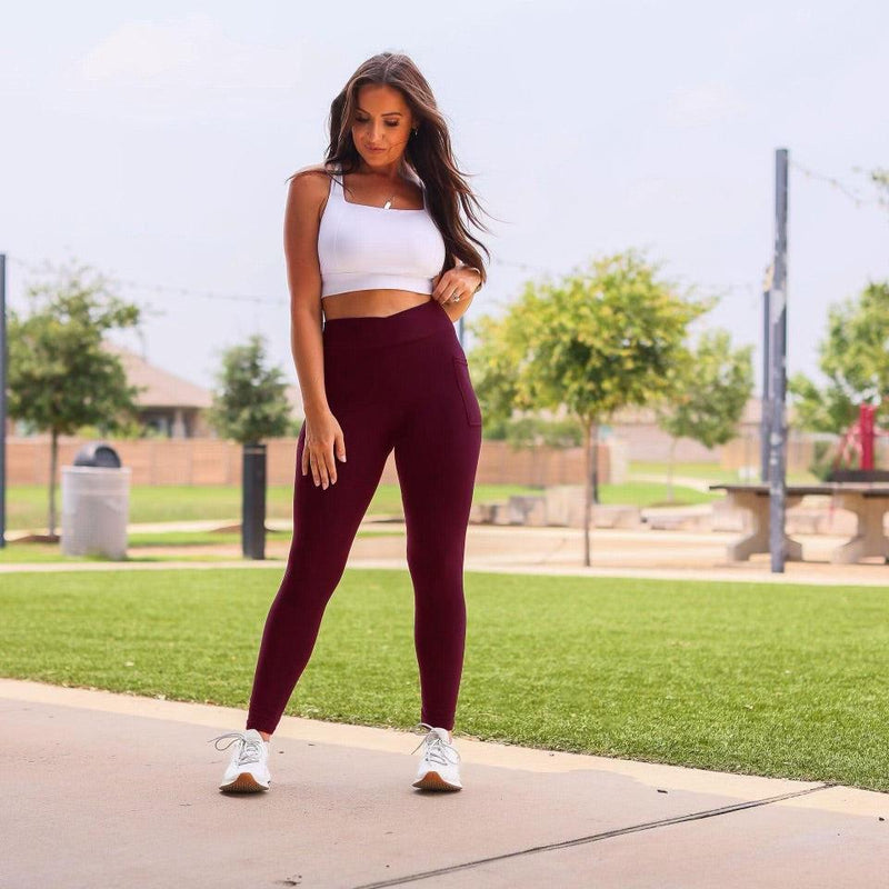 Ready to Ship | The Molly - MAROON Crossover Full Length Leggings with Pockets