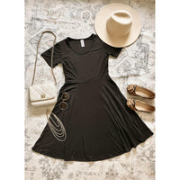 Julia Rose Dakota Dress women’s boutique midi dress front view, Woman wearing Julia Rose Dakota Dress casual everyday outfit