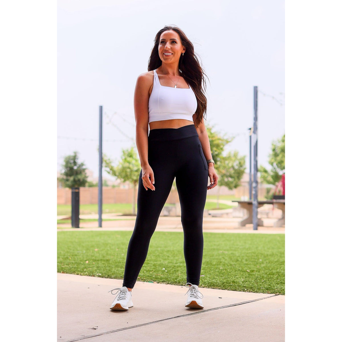 Julia Rose Stephanie crossover black pocket leggings, Women wearing black crossover leggings
