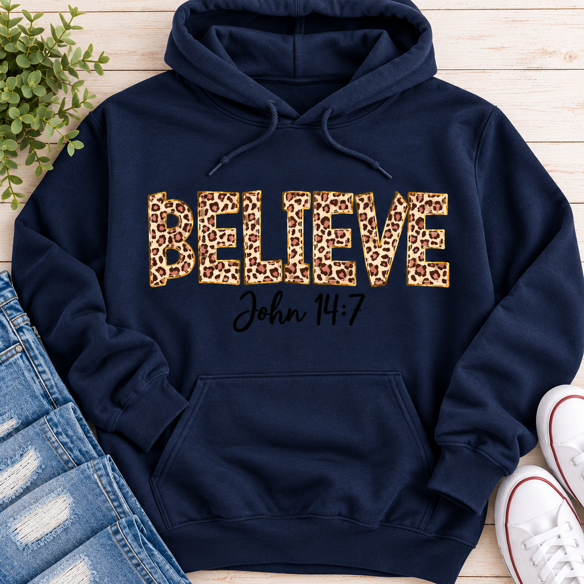 Believe John 14:7  leopard print Christian graphic shirt available in short sleeve crewneck, V-neck, long sleeve and hoodie styles.