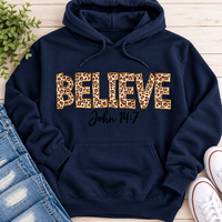 Believe John 14:7  leopard print Christian graphic shirt available in short sleeve crewneck, V-neck, long sleeve and hoodie styles.
