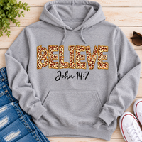 Believe John 14:7  leopard print Christian graphic shirt available in short sleeve crewneck, V-neck, long sleeve and hoodie styles.