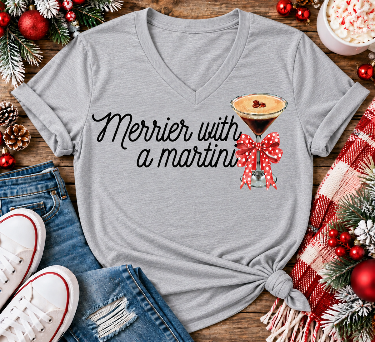 Merrier with a Martini holiday graphic apparel mockup.