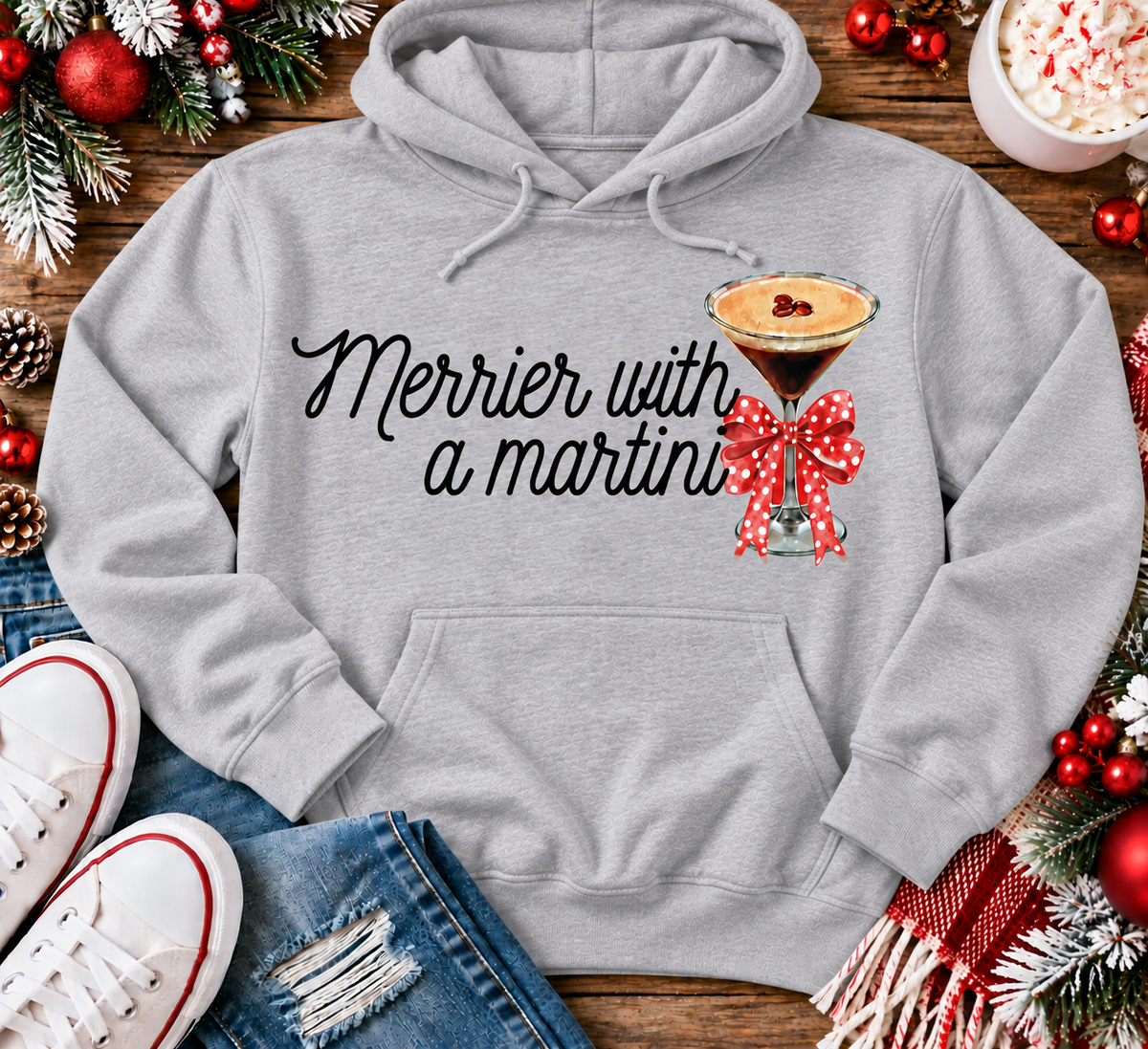 Merrier with a Martini holiday graphic apparel mockup.