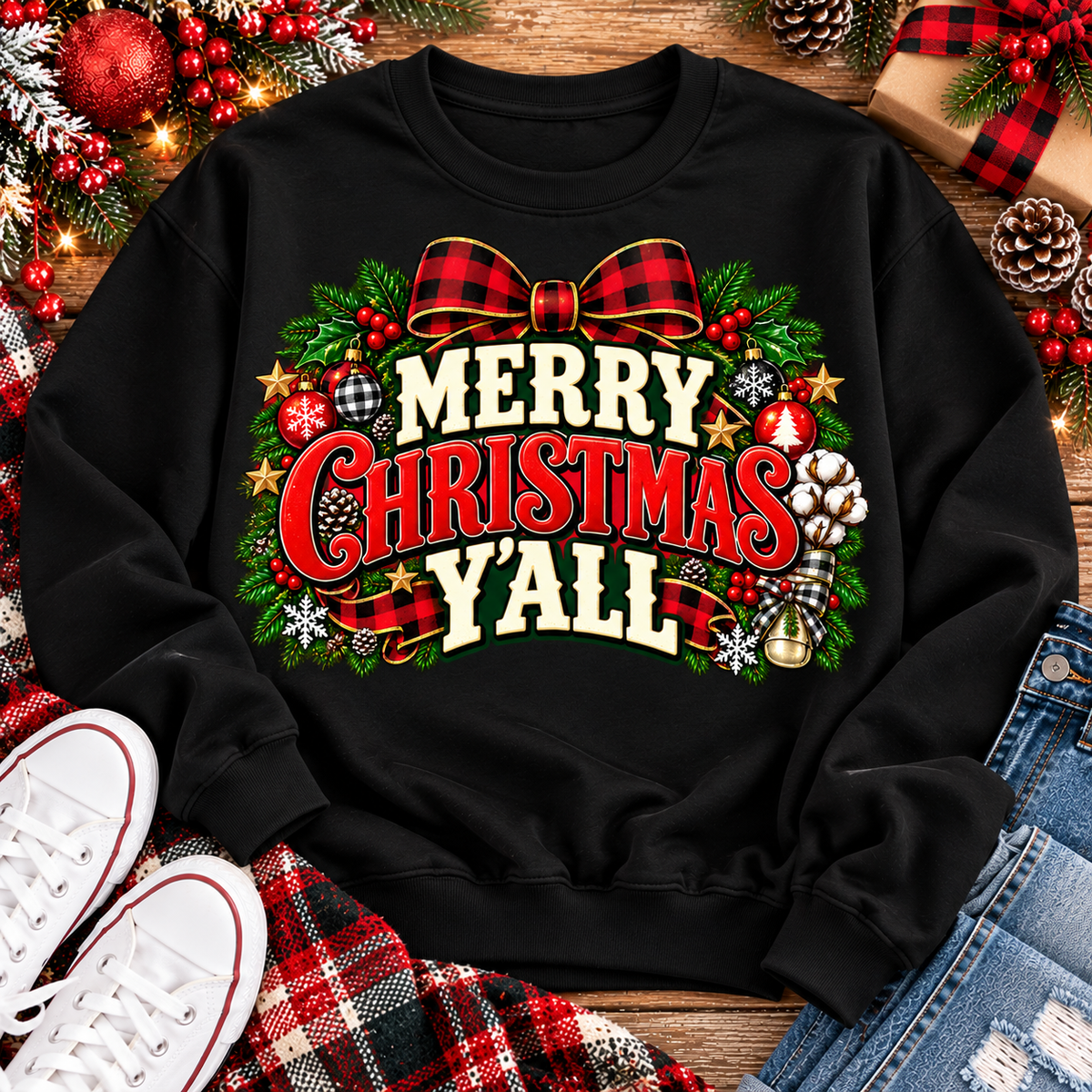 Merry Christmas Y'all graphic apparel featuring vintage red, green, and cream lettering with a festive buffalo plaid bow, Christmas ornaments, pine greenery, and rustic holiday decorations. Southern Christmas graphic available in two colors and four styles, including short sleeve crewneck, V-neck, long sleeve, and hoodie.