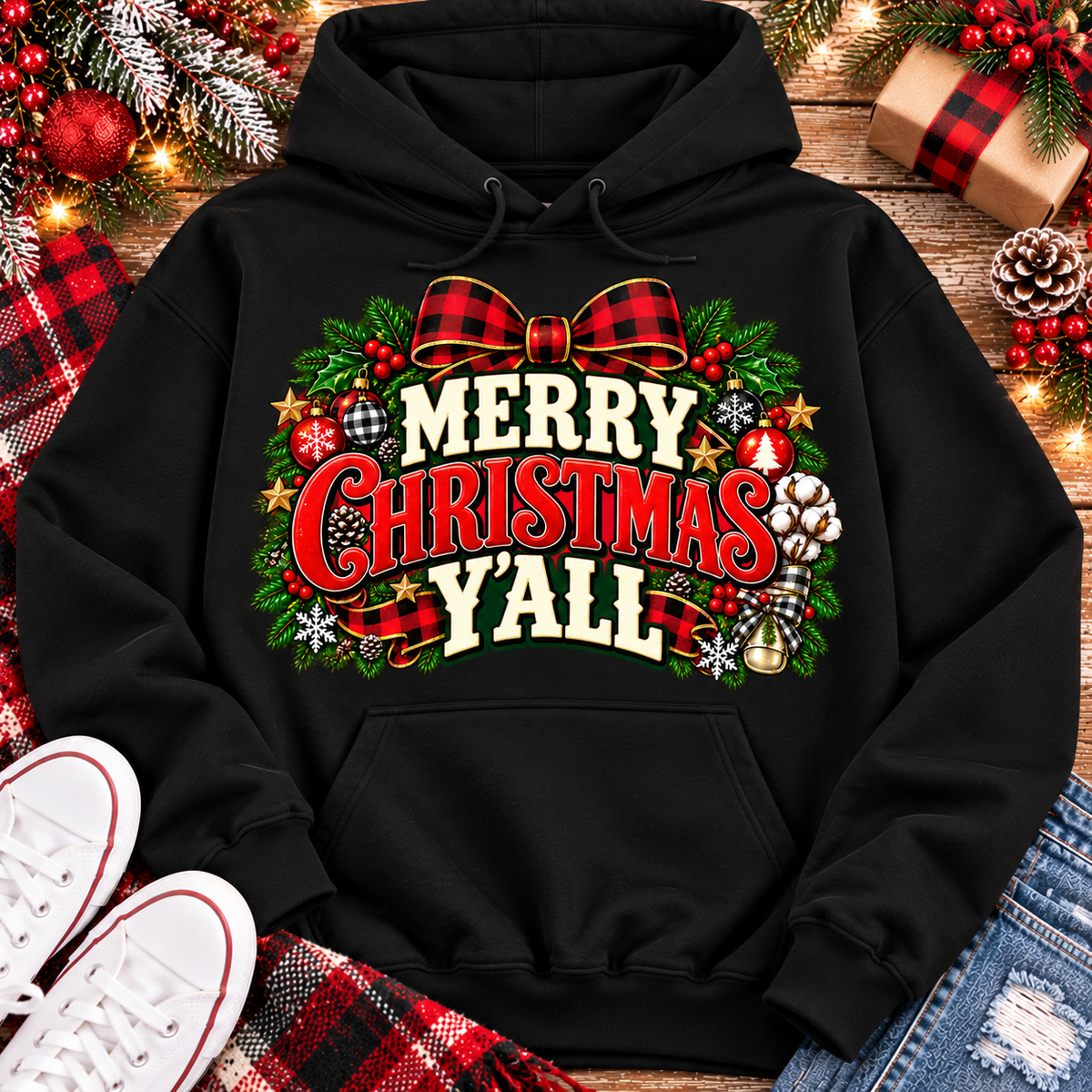 Merry Christmas Y'all graphic apparel featuring vintage red, green, and cream lettering with a festive buffalo plaid bow, Christmas ornaments, pine greenery, and rustic holiday decorations. Southern Christmas graphic available in two colors and four styles, including short sleeve crewneck, V-neck, long sleeve, and hoodie.