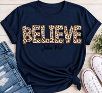 Believe John 14:7  leopard print Christian graphic shirt available in short sleeve crewneck, V-neck, long sleeve and hoodie styles.