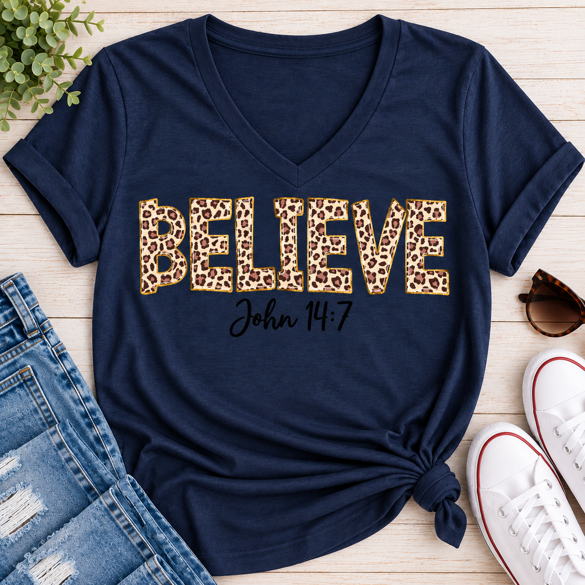 Believe John 14:7  leopard print Christian graphic shirt available in short sleeve crewneck, V-neck, long sleeve and hoodie styles.