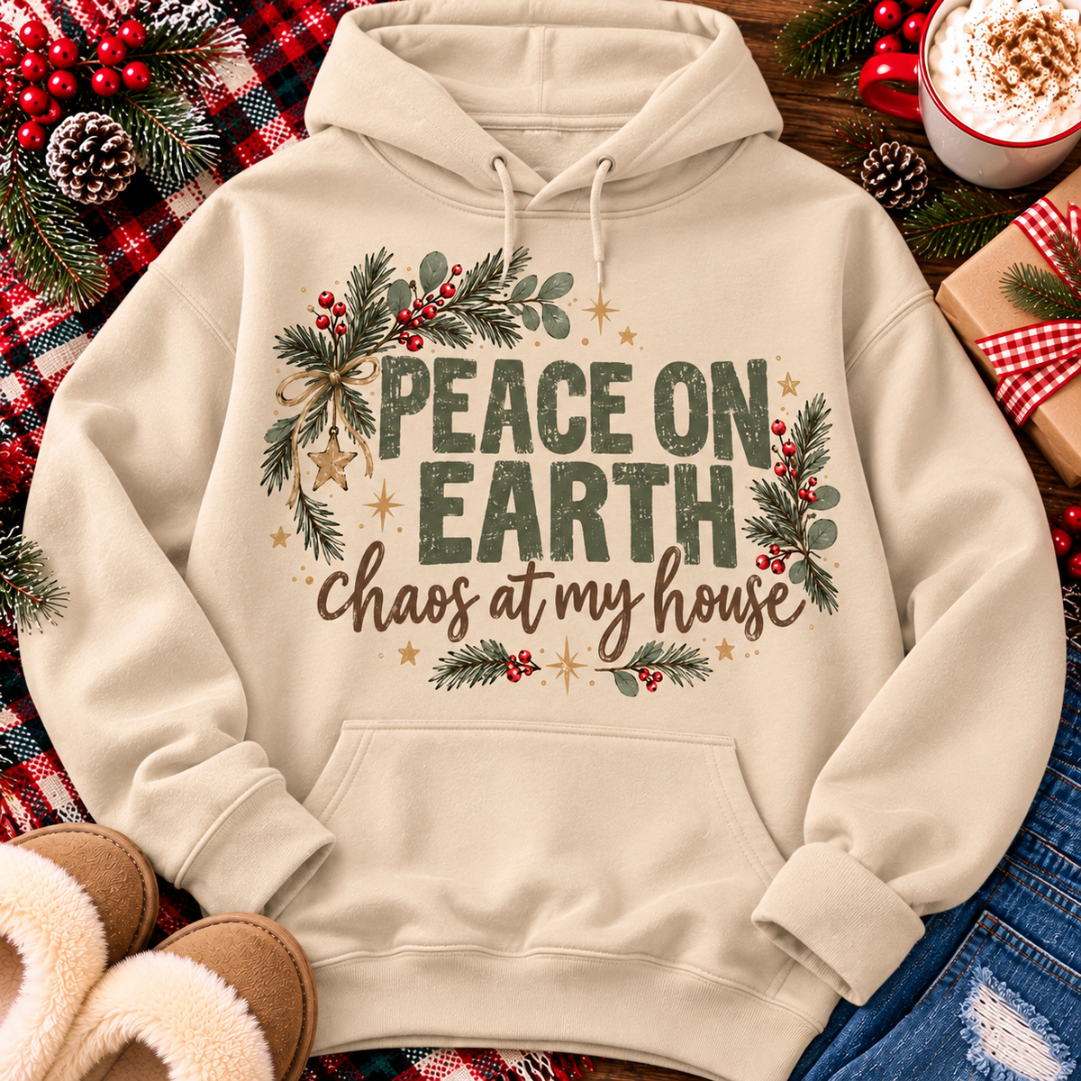 Peace on Earth Chaos at My House funny Christmas graphic apparel featuring distressed olive green lettering, rustic pine greenery, red berries and gold stars, available in sand and sport grey in short sleeve crewneck tees, V-neck tees, sweatshirts and hoodies.