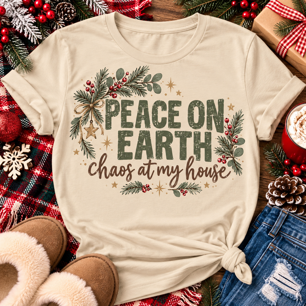 Peace on Earth Chaos at My House funny Christmas graphic apparel featuring distressed olive green lettering, rustic pine greenery, red berries and gold stars, available in sand and sport grey in short sleeve crewneck tees, V-neck tees, sweatshirts and hoodies.