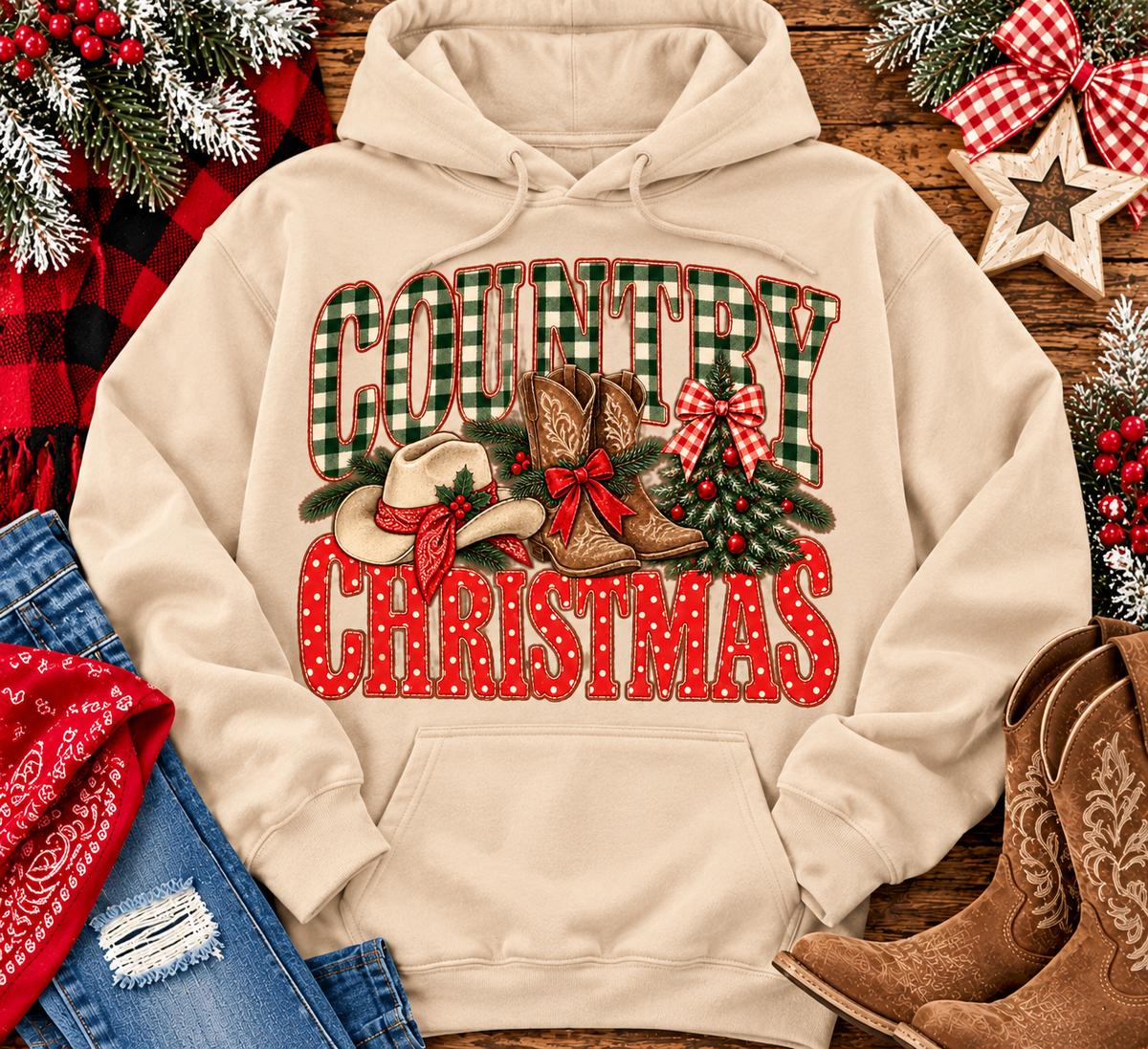 Country Christmas graphic tee with green plaid lettering, red polka dots, cowboy boots, western hat and festive Christmas bows.